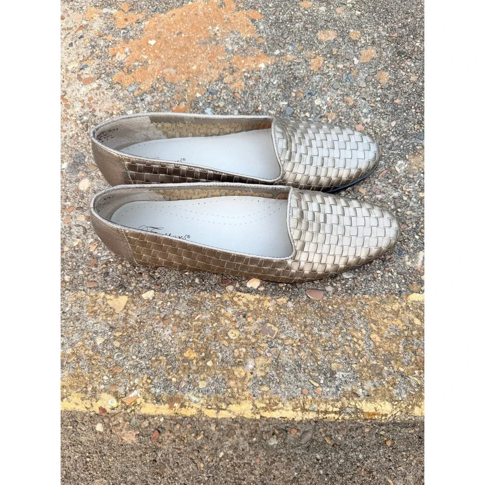 Trotters Womens 8.5‎ Woven Leather Loafers Metallic Pewter Gold Brazil 158-704